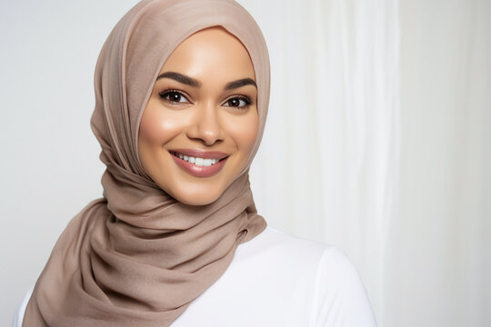 Happy arab asian muslim woman in hijab clothes isolated on background generative AI