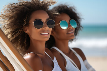 Two women wearing sunglasses enjoy sunny day on beach. This image is perfect for travel and vacation-related projects.