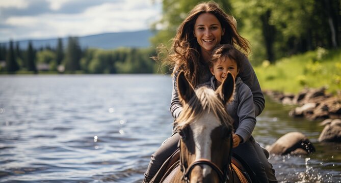 
Horseback riding, family active recreation. Horse racing and goloping as entertainment. Tourism and entertainment by the lake. Even-toed ungulates and people relax in nature. Recreational activities