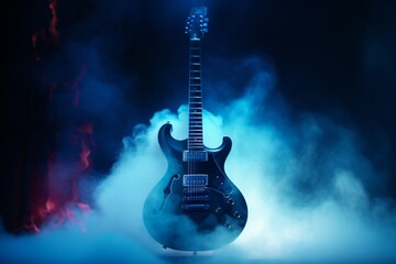 electric guitar on blue background, Generative AI - obrazy, fototapety, plakaty