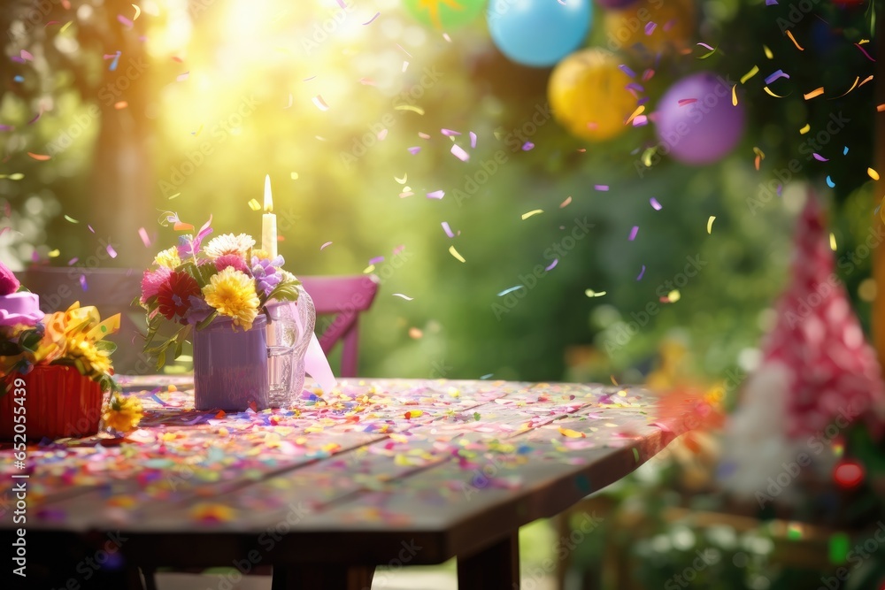 Poster a table with confetti and a candle on it. generative ai.