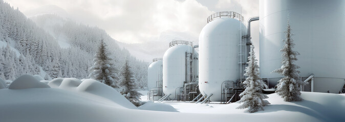 Large white metal hydrogen gas storage tanks in winter landscape. Clean H2 production from snow concept. Generative AI