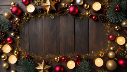 Décoration de Noël colorées encadrant un fond de bois