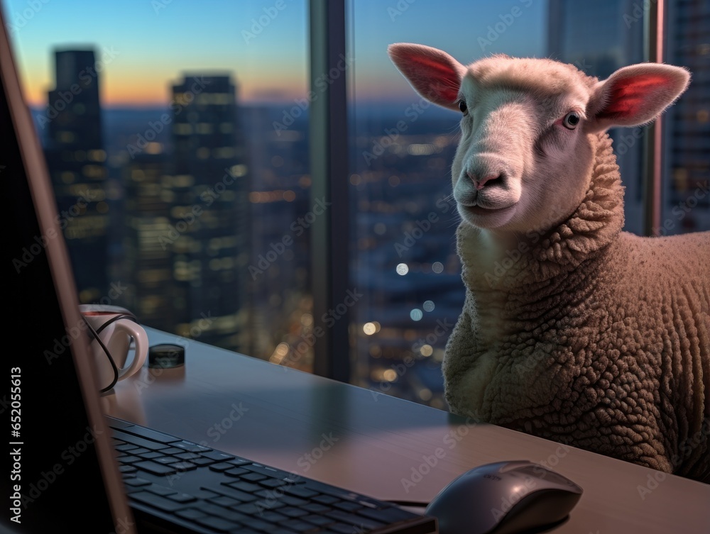Poster a sheep is sitting in front of a computer monitor in an office. generative ai.