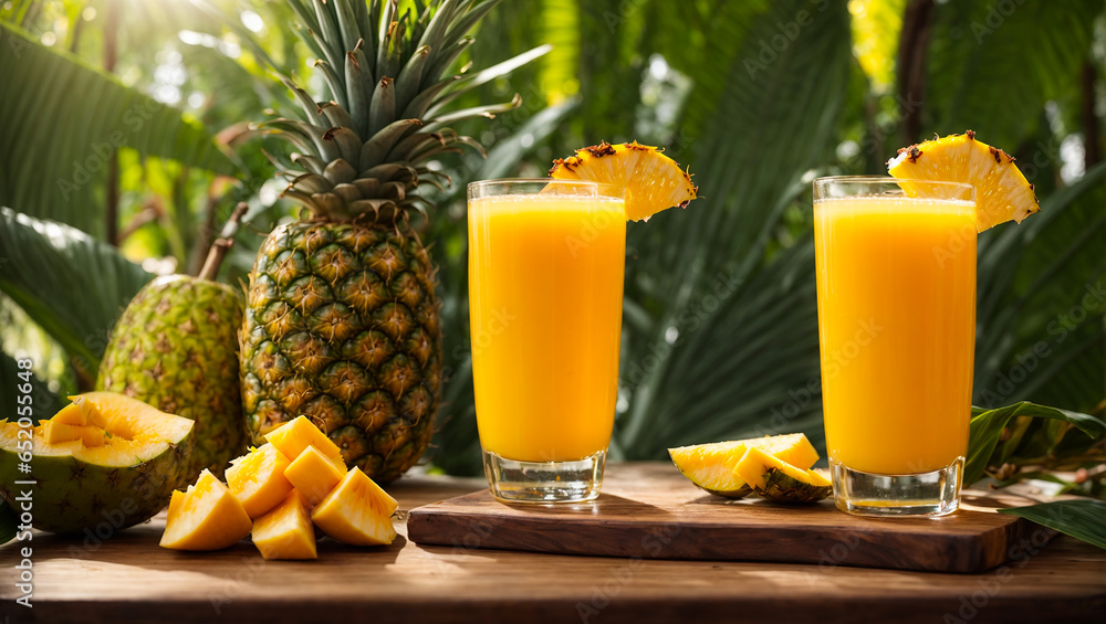 Wall mural glasses with fresh mango juice, pineapple