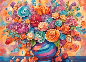 Whimsical and expressionist vibrant colored painting of flowers and shells in a vase