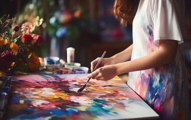 Fototapeta premium Closeup of painting process in art workplace Painter paints in her studio