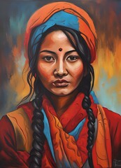 Vibrant and expressionistic portrait painting of a beautiful Nepalese woman wearing a Bindi or tika on forehead and long braided hair and head covering.