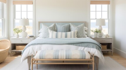 Cozy clean interior design with muted costal colors bedroom