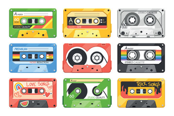 Audio Cassettes, Retro Tapes, Media Storage For Music And Sound Isolated On White Background, Illustration, Set