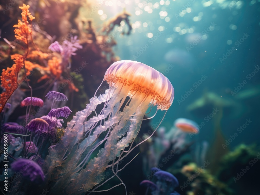 Canvas Prints A group of jellyfish swimming in an aquarium. Generative AI.