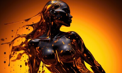 Cascading liquid metall engulfing a futuristic abstract bodyfitness model silhouette, futuristic texture