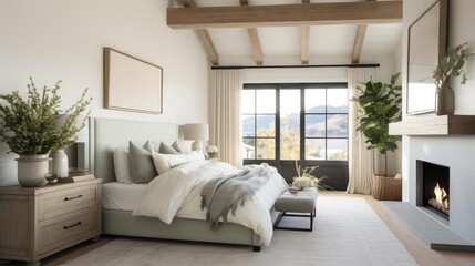 cozy modern primary master bedrooom with pale colors and wood accents
