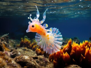 An orange and white sea slug swimming in the ocean. Generative AI.