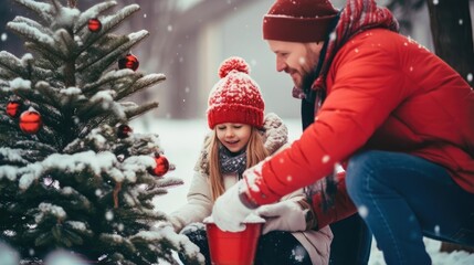 Family Decorating a Snowy Christmas Tree in Their Yard