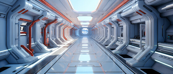 White sci fi corridor with sun light wide image