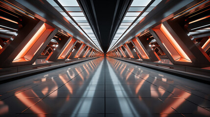 Black sci fi corridor with red light panels wide image