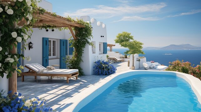 Greece, finca, holiday destination with Pool. ai generated