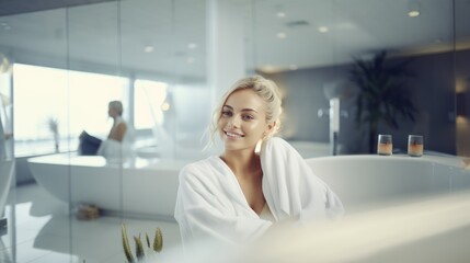 Authentic photo of a woman in a spa salon, lying relaxed and enjoying, in a white robe and a white towel. - obrazy, fototapety, plakaty