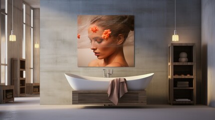 Fototapeta na wymiar Bathroom interior with a portrait of a woman. Elite real estate.