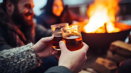 Friends Toasting with Warm Mulled Wine by a Winter Campfire - obrazy, fototapety, plakaty