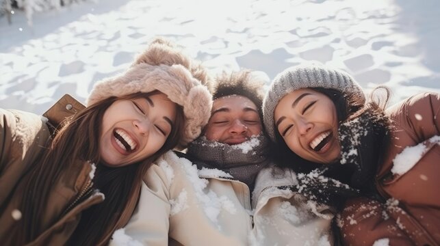 Friends Making Snow Angels and Laughing Together