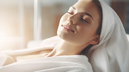 Authentic photo of a woman in a spa salon, lying relaxed and enjoying, in a white robe and a white towel.