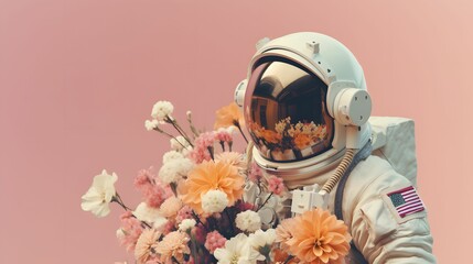 Astronaut holding bouquet made of fresh Spring flowers. Conquering galaxies and space. Abstract concept. 