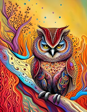 Whimsical owl vibrantly covered in multicolored patterns inspired by zentangles
