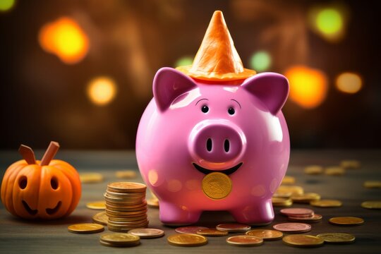 A pink piggy bank has a spot for coins and is dressed up for Halloween with a pumpkin nearby.