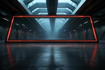 Black sci fi corridor with red light panels wide image