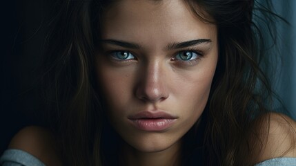 Fototapeta premium Close-up portrait of a young woman with a sad expression. Sadness and depression concept.
