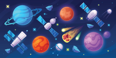 Cosmic Game Set Of The Space Objects For Interstellar Fun. Explore The Universe With Planets, Stars, Satellites © Pavlo Syvak