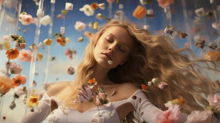 Abstract portrait of a woman in flowers. Young beautiful woman with closed eyes and calm expression.