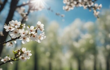 Beautiful blurred spring background with blooming glade, trees, and blue sky on a sunny day in nature