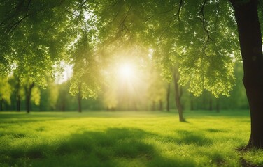 Beautiful spring background. Natural park landscape with a green lawn and trees
