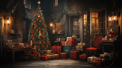 Magische Weihnachtsstimmung: Ein funkelnder Weihnachtsbaum umgeben von prächtig verpackten Geschenken und warmem Kerzenschein. Eine festliche Szene, die die Besinnlichkeit und Freude der Feiertage ein