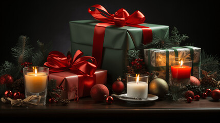 Zauberhafte Weihnachtsmomente: Strahlende Kerzen erhellen ein Bild von perfekt verpackten Weihnachtsgeschenken, eingehüllt in die warme Atmosphäre der Feiertage. Besinnliche und festliche Stimmung 