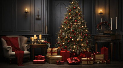 Magische Weihnachtsstimmung: Ein funkelnder Weihnachtsbaum umgeben von prächtig verpackten Geschenken und warmem Kerzenschein. Eine festliche Szene, die die Besinnlichkeit und Freude der Feiertage ein