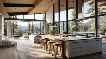 luxury modern open plan kitchen with rich natural light wooden beams and minimalist features views of pine forest - obrazy, fototapety, plakaty