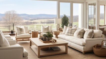 Modern country ranch house living room with view of rolling hills - obrazy, fototapety, plakaty