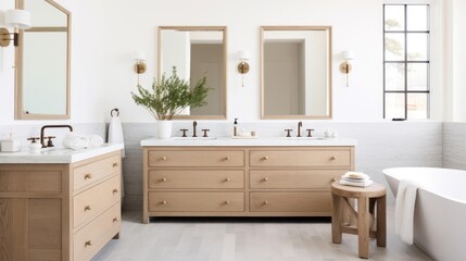 Fototapeta na wymiar Modern farhmouse decor bathroom with wood accents and pale colors