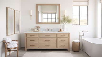 Modern farhmouse decor bathroom with wood accents and pale colors