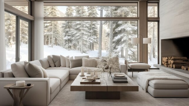 Fototapeta Modern cozy minimalist house living room with snowy forest outside