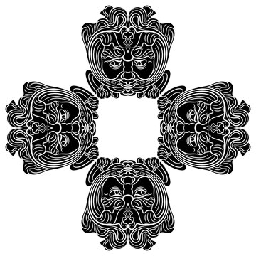 Square cross shape design or frame with four antique masks. Green Man from Augsburg, Germany. Medieval Celtic motif. Foliate head. Black and white silhouette.