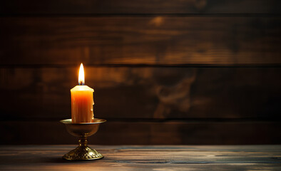 burning old candle with vintage brass candlestick on wooden background in minimalist room interior with copy space - obrazy, fototapety, plakaty