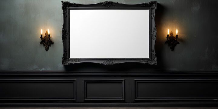 Blank black vintage frame leaning at black interior cement room background,banner mock up template for display of design,leave side space for adding text for advertising