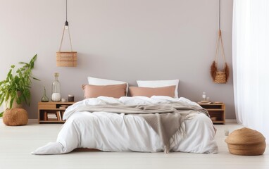perfect comfortable bed with thick heavy bedding in the middle of a bright cozy modern room