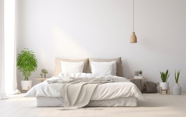 perfect comfortable bed with thick heavy bedding in the middle of a bright cozy modern room