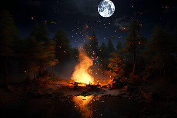 Night forest, a fire is burning, a big moon. Moon map element furnished by NASA